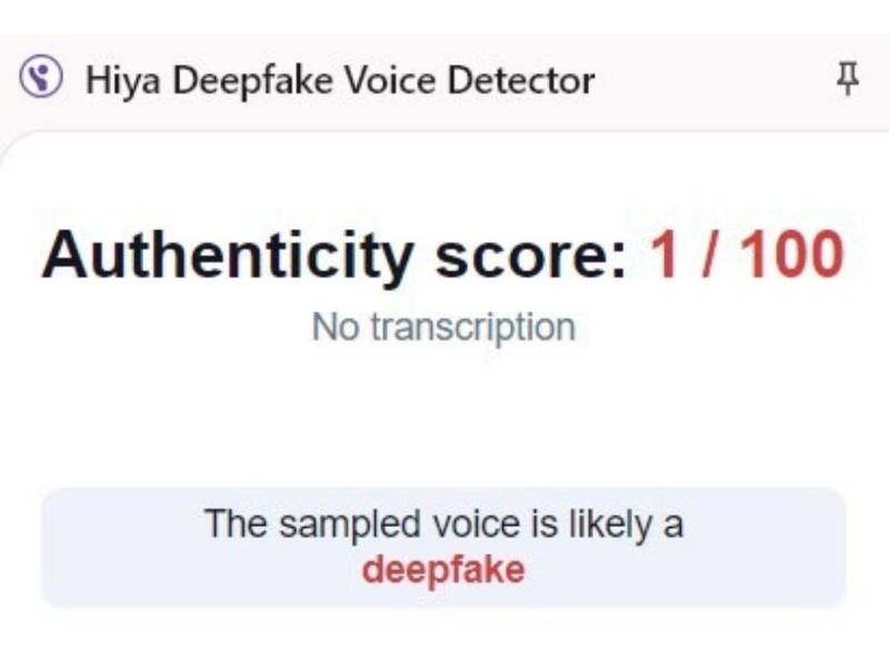 Captura de pantalla a los resultados de Hiya Deepfake Voice Dectector sobre el análisis del video.