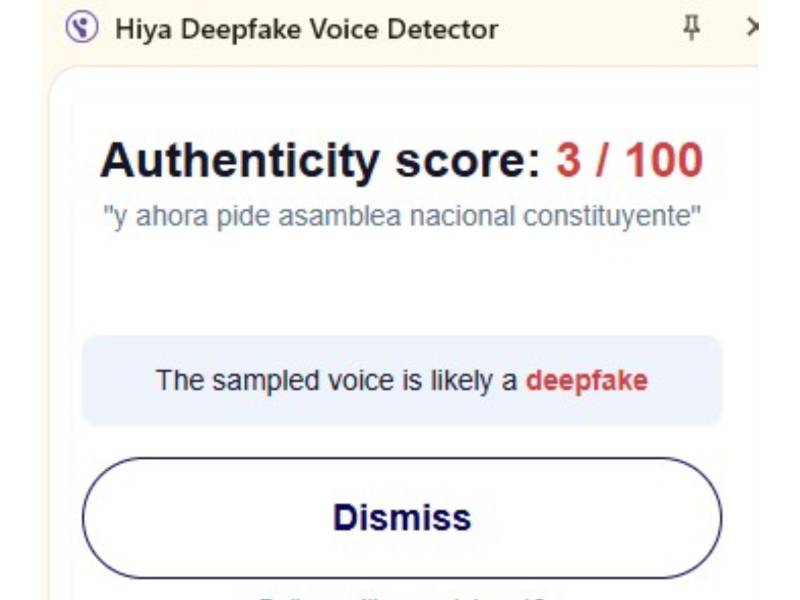 Captura de pantalla a los resultados de Hiya Deepfake Voice Dectector sobre el análisis del audio.