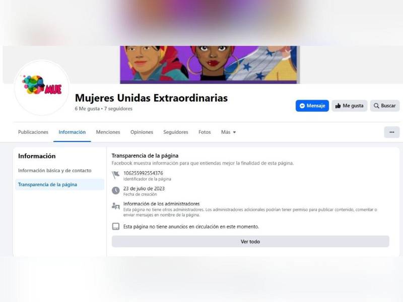 Esta página en Facebook es la poca evidencia pública que hay sobre la operación de la ONG Mujeres Unidas Extraordinarias.