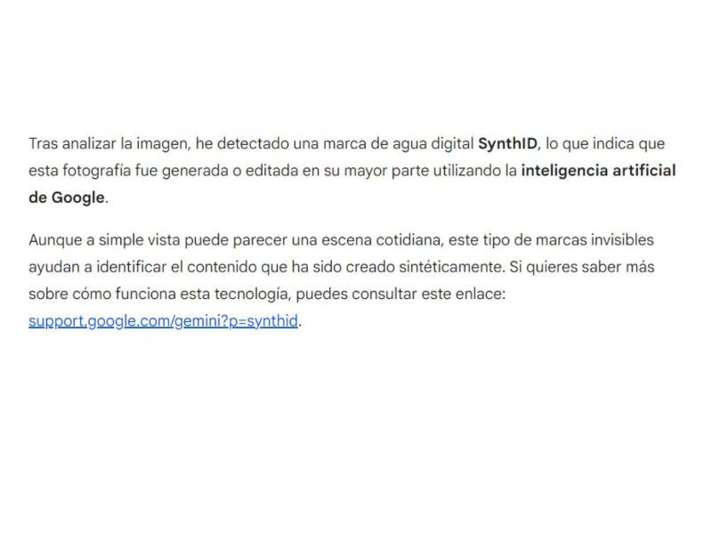 Captura de pantalla a los resultados de SynthID sobre el análisis de la imagen en Google.