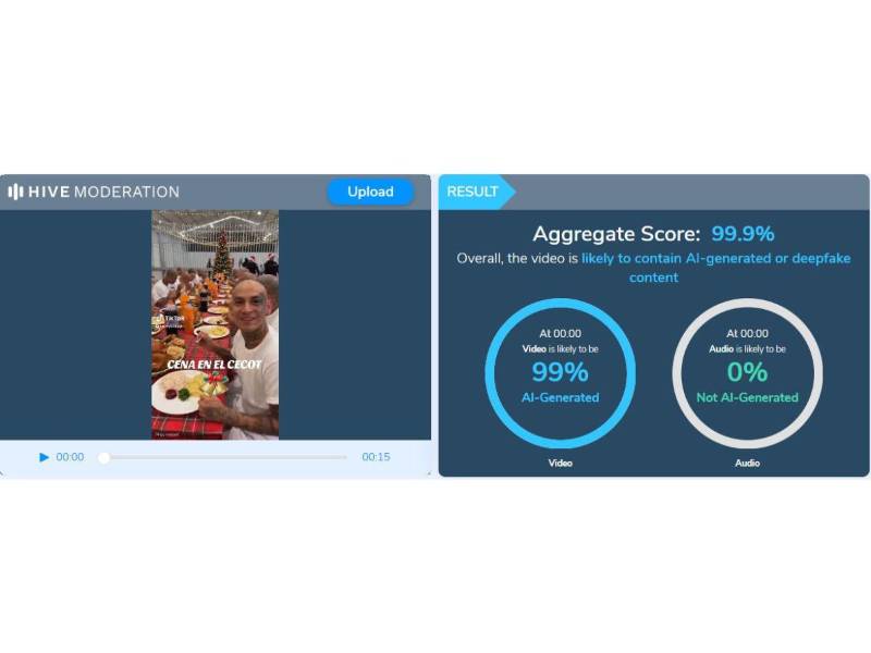 Captura de pantalla a los resultados de Hive Moderation sobre el análisis del video.