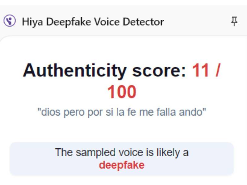 Captura de pantalla a los resultados de Hiya Deepfake Voice Dectector sobre el análisis del video.