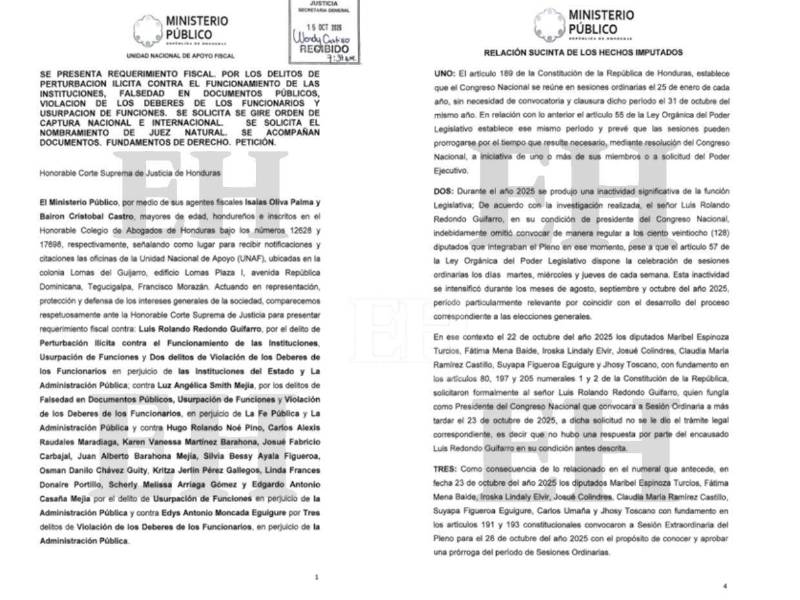 El requerimiento fiscal fue presentado el 15 de octubre contra Luis Redondo, 12 integrantes de la extinta Comisión Permanente y el exgerente de la ENAG, Edis Moncada.