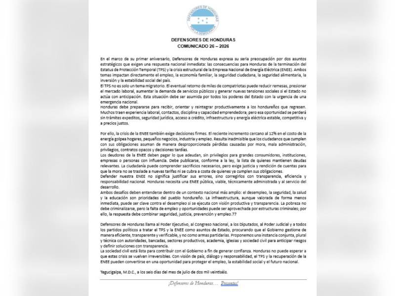 Defensores de Honduras pide respuesta ante el fin del TPS y el aumento en tarifas de la ENEE