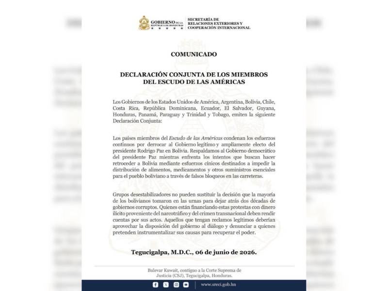 Comunicado en el que el Escudo de las Américas expresa su respaldo a Rodrigo Paz, presidente de Bolivia.