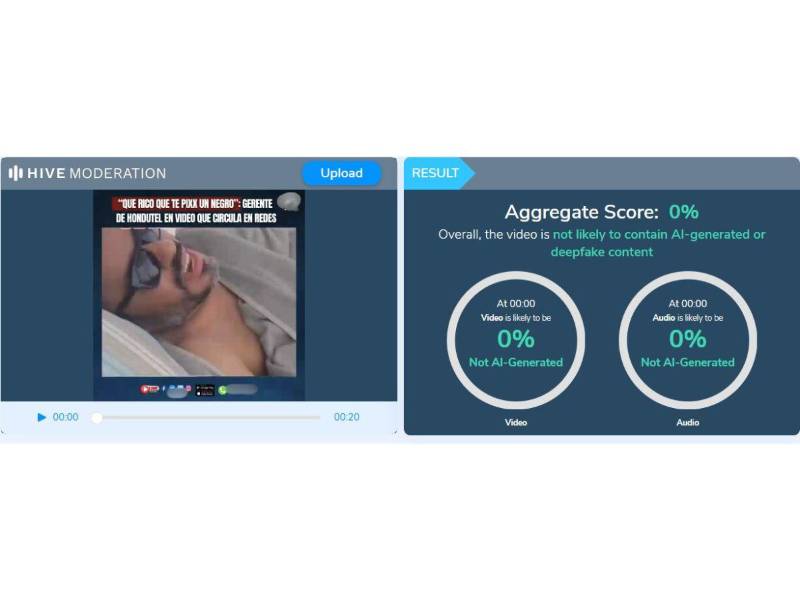 Captura de pantalla al resultado de Hive Moderation acerca del análisis del video.