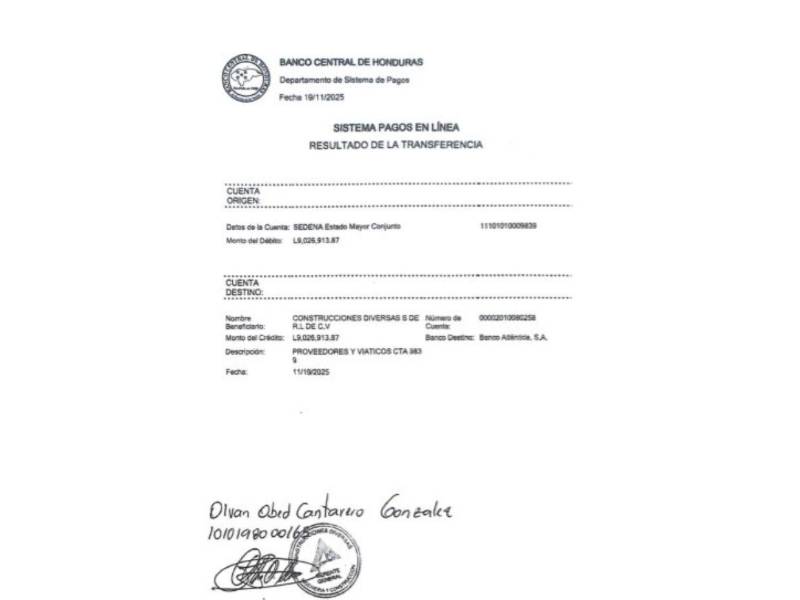 Por ejecutar la obra la empresa Construcciones Diversas recibió los 13 millones de lempiras en dos pagos, uno de nueve millones y otro de cuatro millones, a través de transferencias.
