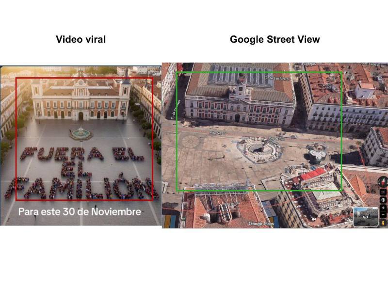 Captura de pantalla a la ubicación en Google Street View en comparación a las inconsistencias detectadas en el video viral.