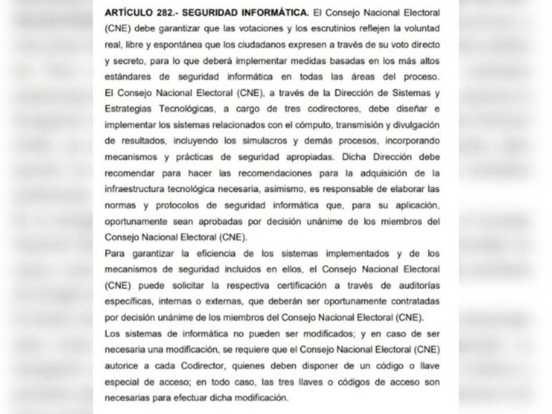 Captura de pantalla al artículo 282 de la Ley Electoral de Honduras.