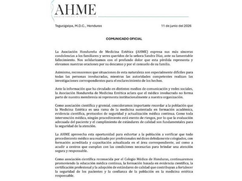 Médico que atendió a la chef Sandra Díaz no pertenece a Asociación Hondureña de Medicina Estética