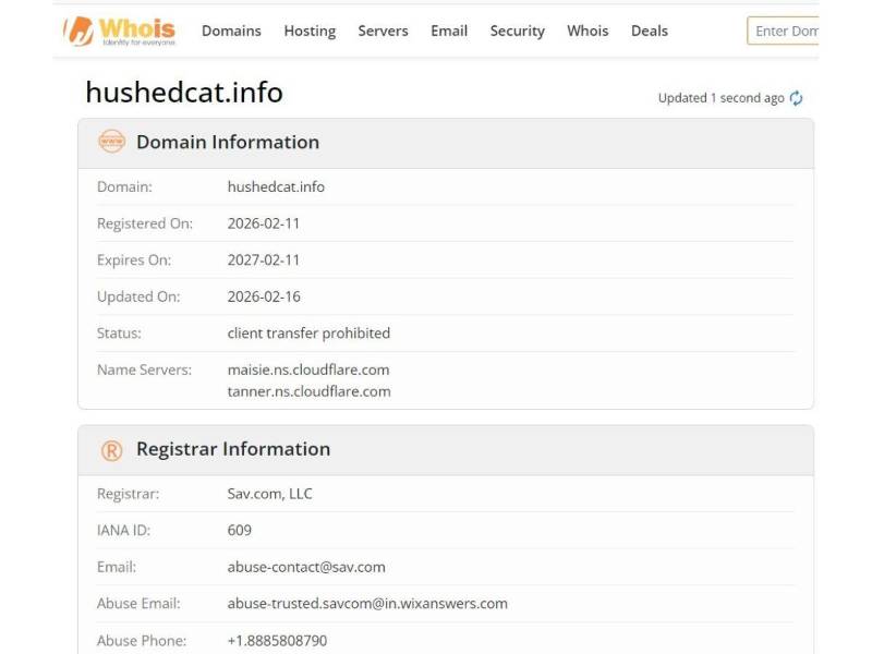 Captura de pantalla al resultado del análisis del dominio en la herramienta Whois.