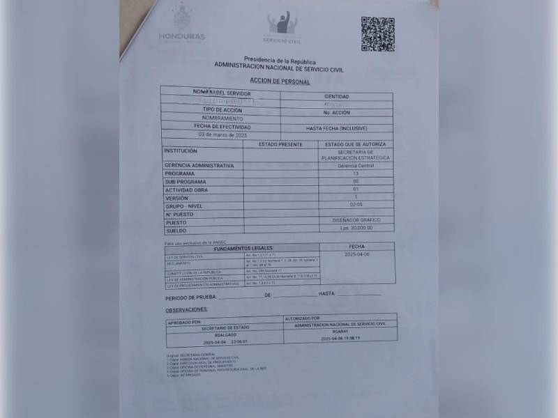 En este documento de Servicio Civil se les hace saber a los periodistas y técnicos de RNH su contratación a partir del 3 de mayo de 2025 y se les cambia el puesto.