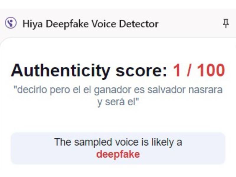 Captura de pantalla a los resultados de Hiya Deepfake Voice Dectector sobre el análisis del video.