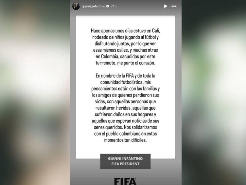 Me parte el corazón: Infantino se suma a muestras de solidaridad con Colombia