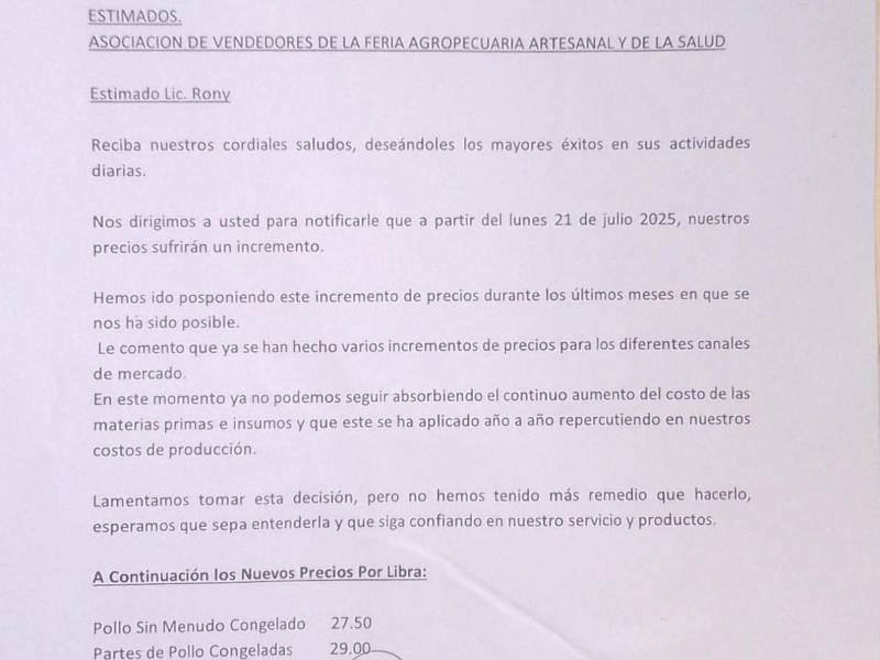 Esta es una de las supuestas cartas falsificadas que describian un aumento en el precio de la libra de pollo.