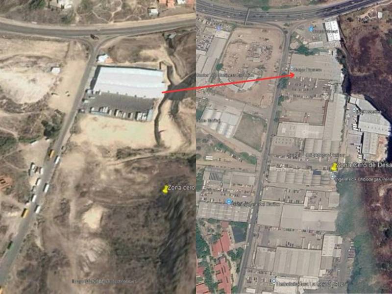 De una única bodega en 2002 a lo que vemos en la actualidad (2026), esta imagen satelital muestra cómo se inició la modificación del suelo en la zona utilizada como banco de préstamo de material para rellenar sectores del anillo periférico, dejando como resultado los primeros cortes del cerro. Pero esto no pasó de un día para otro.