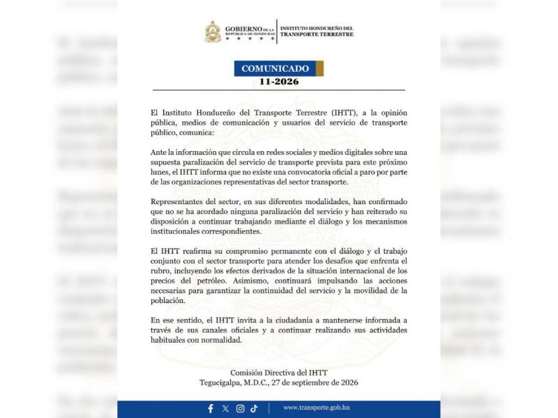 Comunicado del Instituto Hondureño del Transporte Terrestre (IHTT).