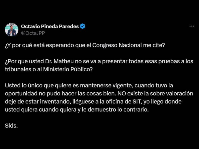 Octavio Pineda reta a exministro de Salud a presentar pruebas de supuesta sobrevaloración
