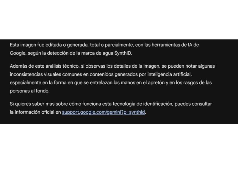 Captura de pantalla a los resultados de la herramienta de Gemini, SynthID, sobre el análisis de la imagen.