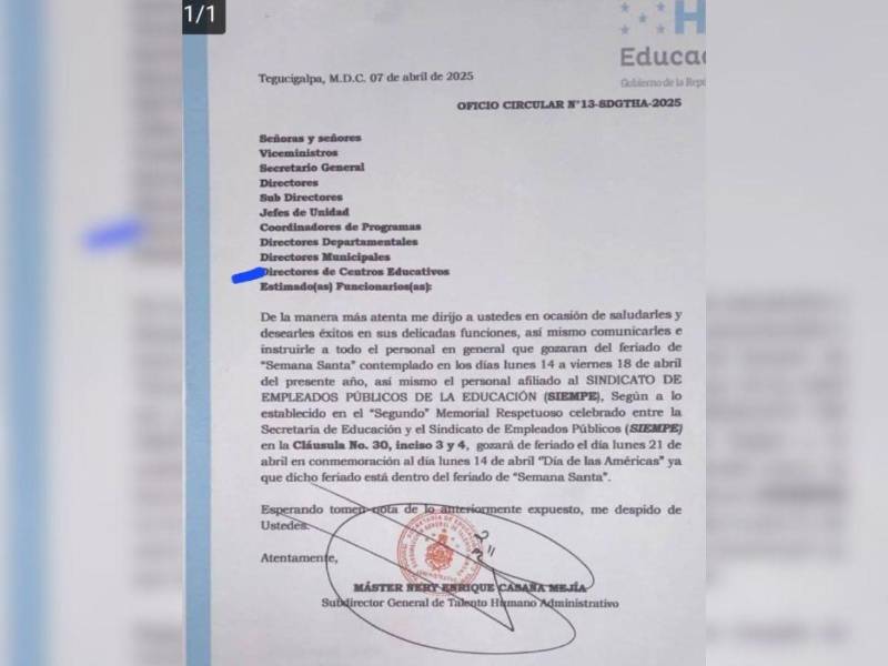 Comunicado donde se detalla que no habrá clases el 21 de abril en los centros educativos públicos.