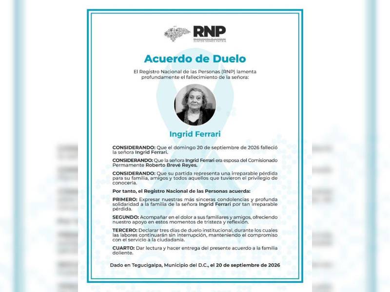 El Registro Nacional de las Personas (RNP) confirmó el fallecimiento de Ingrid Ferrari, esposa del comisionado permanente Roberto Brevé Reyes. Hasta el momento no se han informado las causas de su muerte.