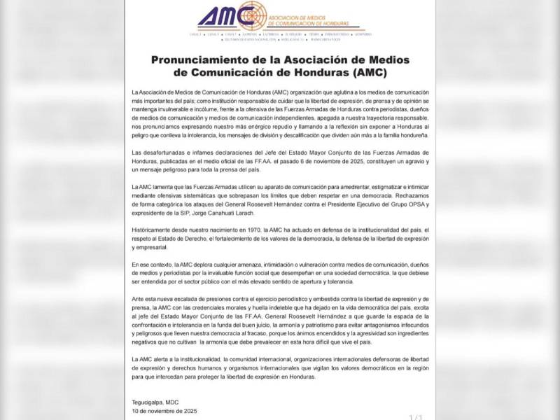 Asociación de Medios de Comunicación de Honduras rechaza ataques de Roosevelt Hernández a la prensa