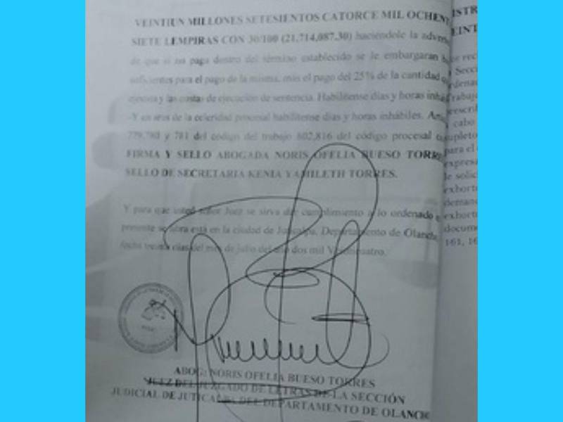 La demanda laboral 056-2024 fue interpuesta el 18 de julio de 2024 y en un tiempo récord la jueza Noris Ofelia Bueso emitió sentencia y exhorto para ejecución del pago.