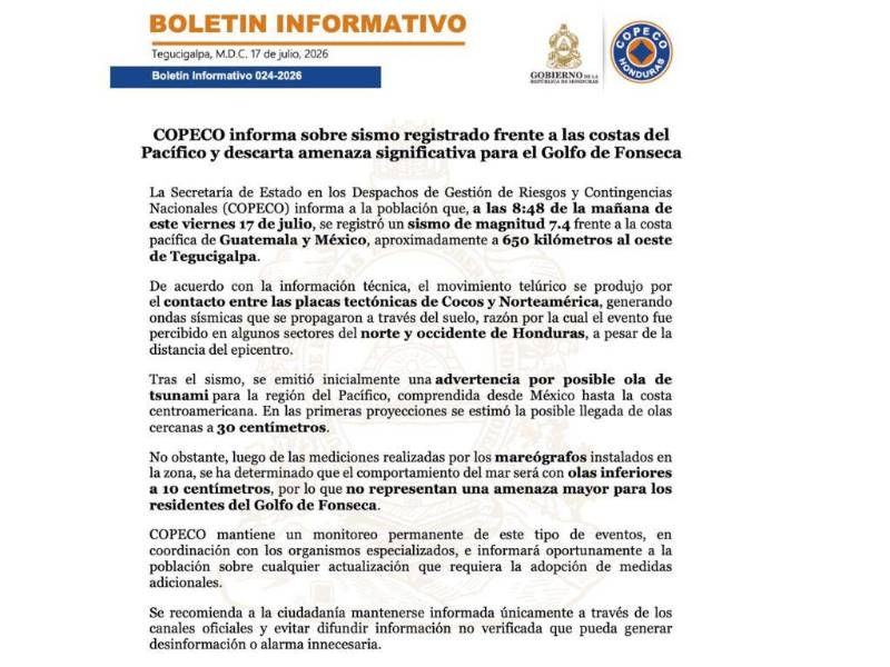 Copeco descarta amenaza de tsunami para Golfo de Fonseca tras sismo 7.3 en el Pacífico