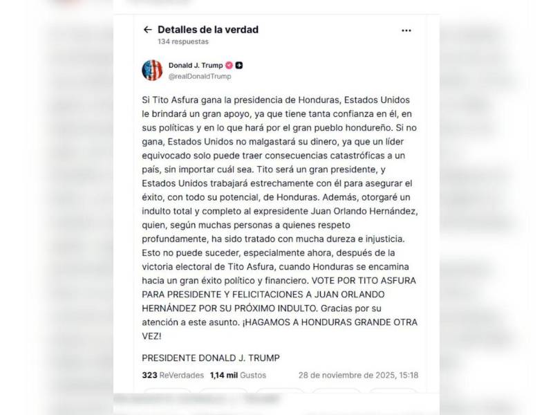 Mensaje de Donald Trump en su cuenta de Truth Social.