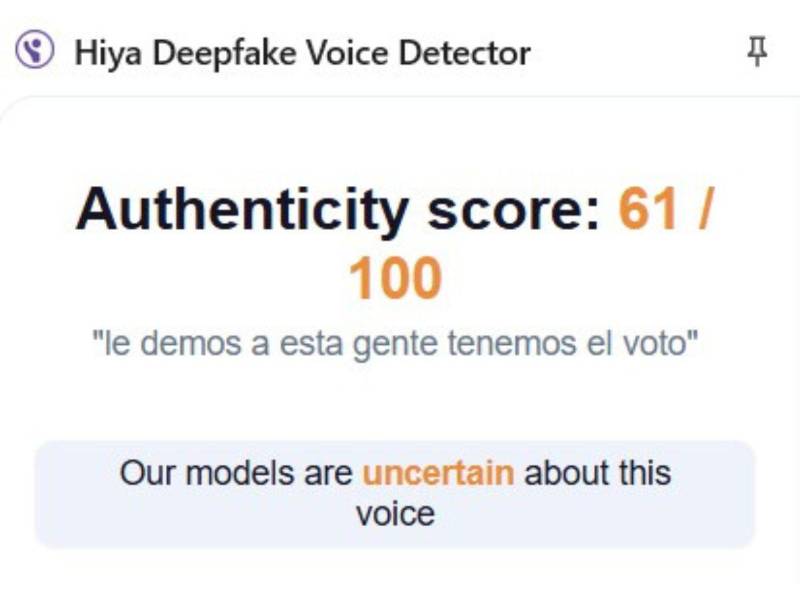Captura de pantalla al resultado de Hiya sobre el análisis del audio.