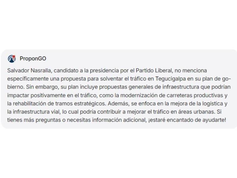 Captura de pantalla a la respuesta del Chatbot ProponGo, herramienta de IA que brinda respuesta de propuestas de campañas de candidatos presidenciales.