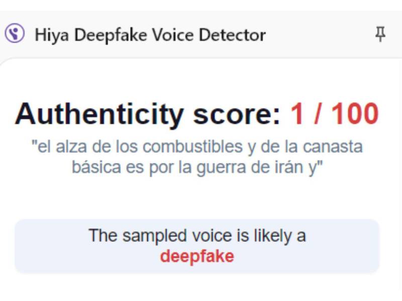Captura de pantalla a los resultados de Hiya Deepfake Voice Dectector sobre el análisis del video.