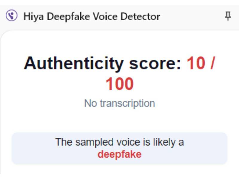 Captura de pantalla a los resultados de Hiya Deepfake Voice Dectector sobre el análisis del video.