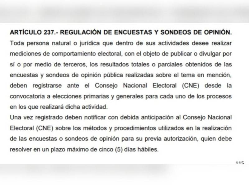 Captura de pantalla al artículo 237 de la Ley Electoral.