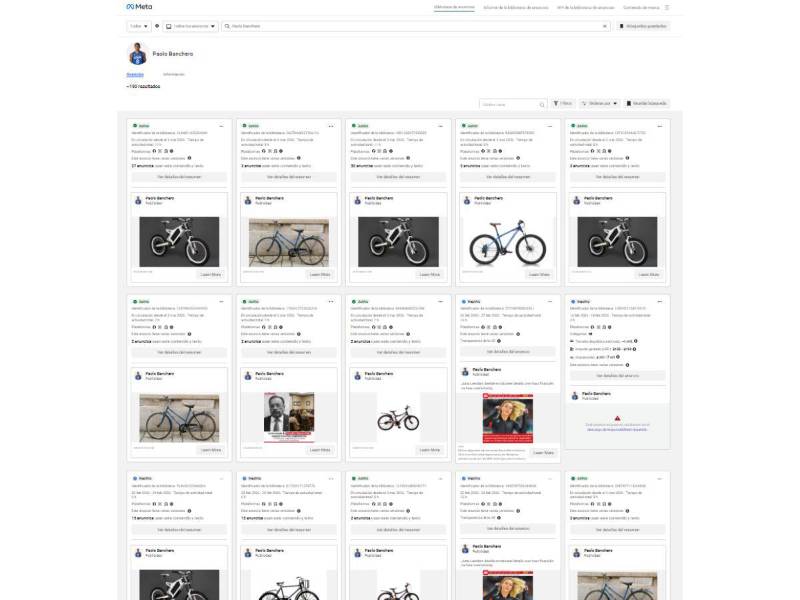 Captura de pantalla a los anuncios publicitarios, activos o inactivos, vinculados a ese perfil de Facebook.