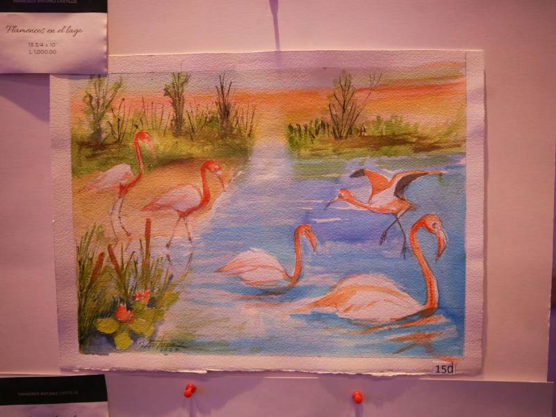 La muestra de casi seis decenas de pinturas también incluye “Flamencos en el lago”.
