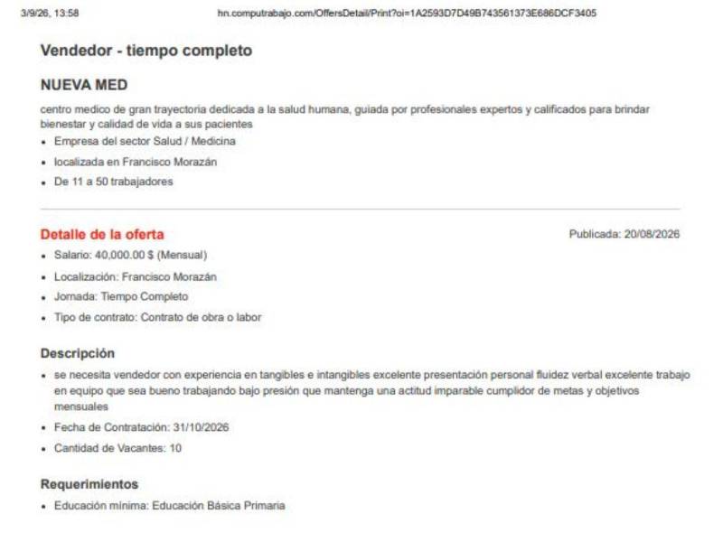 Oferta laboral publicada por Nueva Med en sitios web de empleo. La plaza anunciada corresponde a asesores de ventas, aunque, según la investigación, estos trabajadores se presentaban ante los pacientes como médicos.
