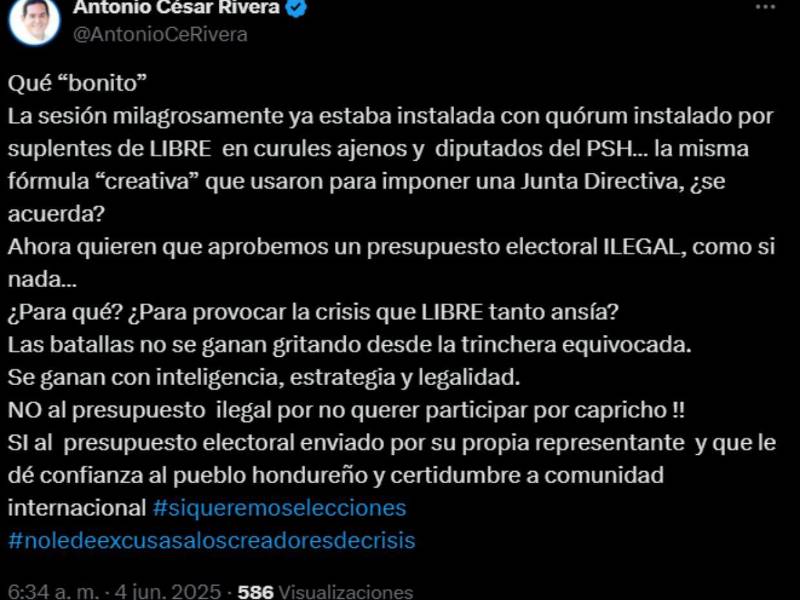 El diputado del Partido Nacional, Antonio Rivera Callejas, criticó que se permitiera que suplentes de Libre ostentaran los curules de la bancada nacionalista.