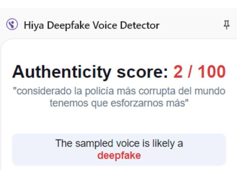 Captura de pantalla a los resultados de Hiya Deepfake Voice Dectector sobre el análisis del audio del video.