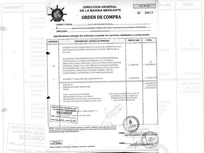 Esta es la orden de compra y las especificaciones de las camas por las que pagó la Marina Mercante.