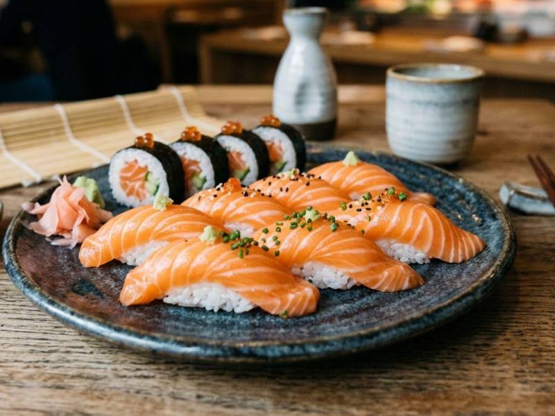 El sushi de salmón, una receta fácil para celebrar el Día Internacional del Sushi. Además de su sabor y versatilidad, el salmón es reconocido por su aporte de proteínas de alta calidad y otros nutrientes.