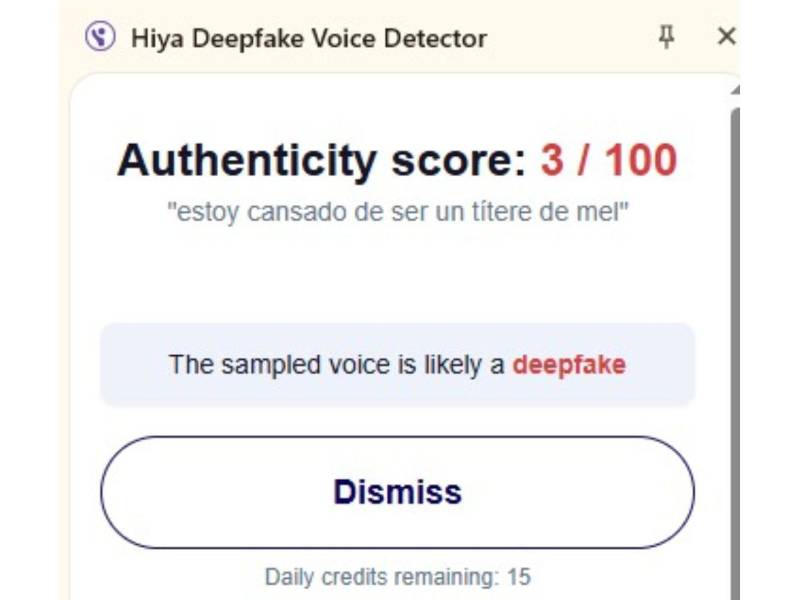 Captura de pantalla a los resultados de Hiya Deepfake Voice Dectector sobre el análisis del audio.