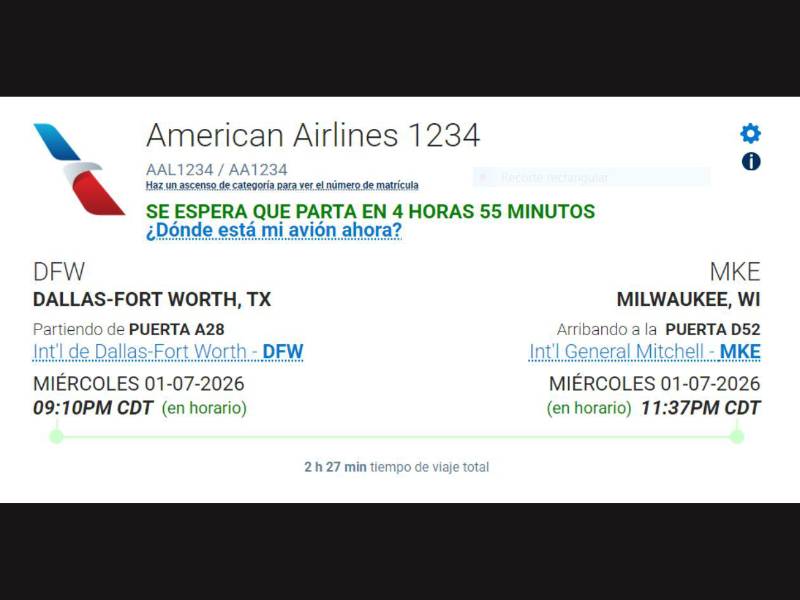 Captura de pantalla a itinerario de vuelo de FlightAware.