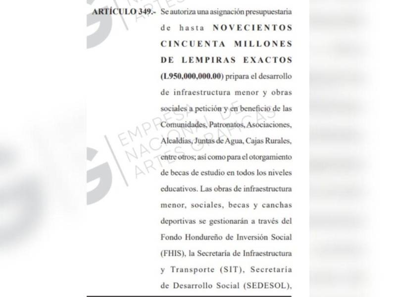 Captura de pantalla al artículo 349 de la Ley de Disposiciones del Presupuesto General de la República.