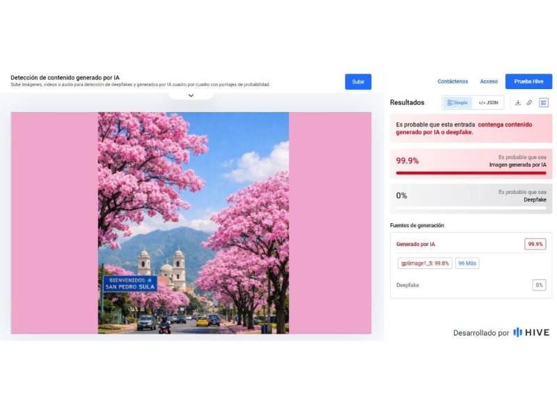 Captura de pantalla a los resultados de Hive Moderation sobre el análisis de la imagen.