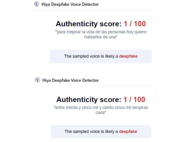 Captura de pantalla a los resultados de Hiya sobre el análisis del audio de ambos videos.