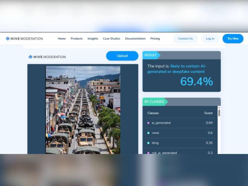 Captura de pantalla a los resultados de la herramienta Hive Moderation.