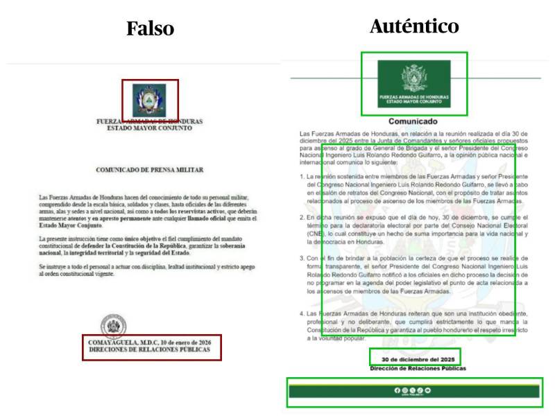 Inconsistencias detectadas por EH Verifica durante un análisis visual entre el contenido falso y uno verídico.