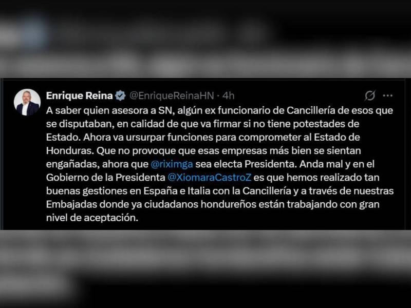 Excanciller Reina dice que Nasralla viajó a España para usurpar funciones y comprometer al Estado
