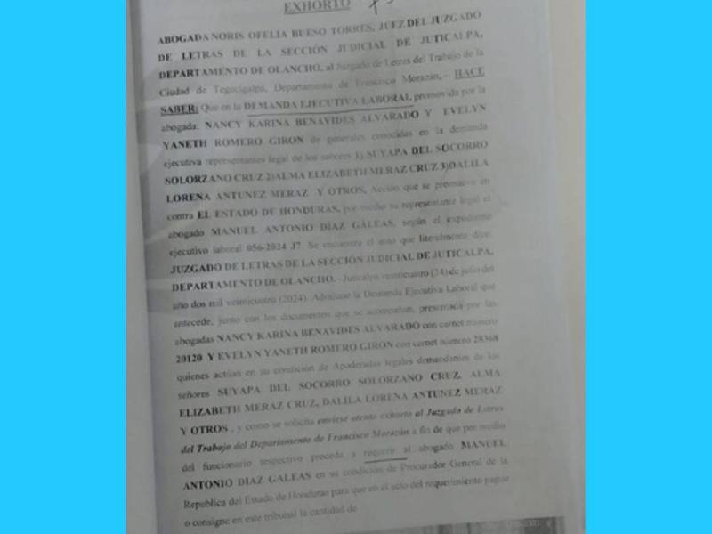 Este exhorto de la jueza Noris Ofelia Bueso ordena al Estado a pagar 21 millones de lempiras por una demanda laboral contra la Secretaría de Educación.
